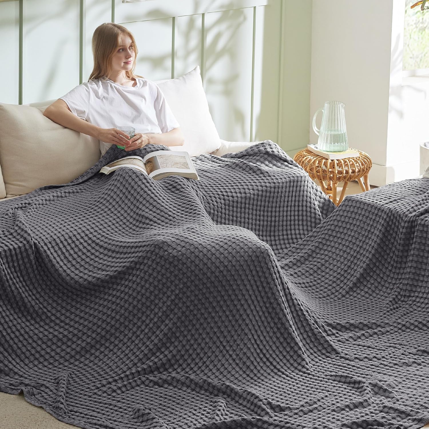 🌿 100% Cotton Herringbone Waffle Blanket